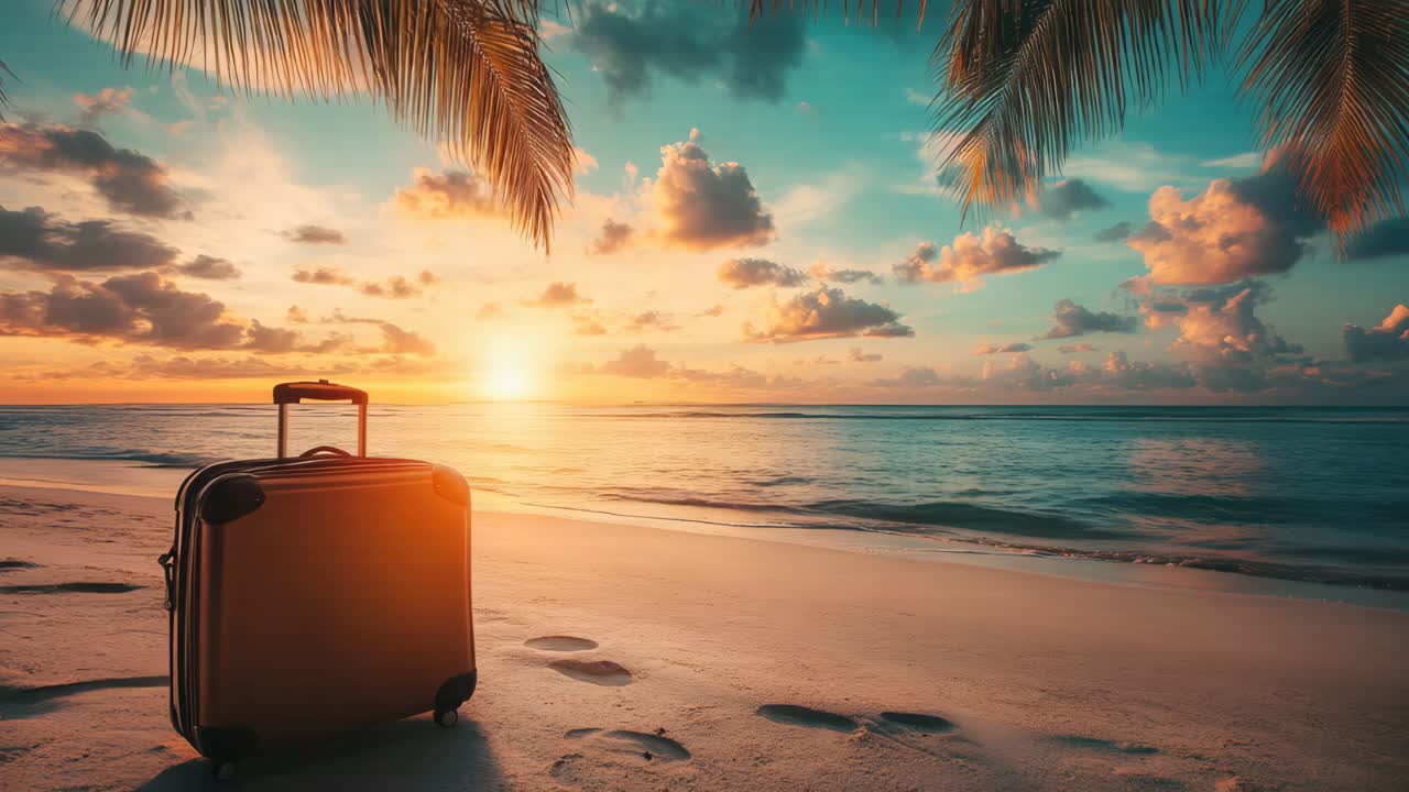 Valigia su una spiaggia tropicale al tramonto