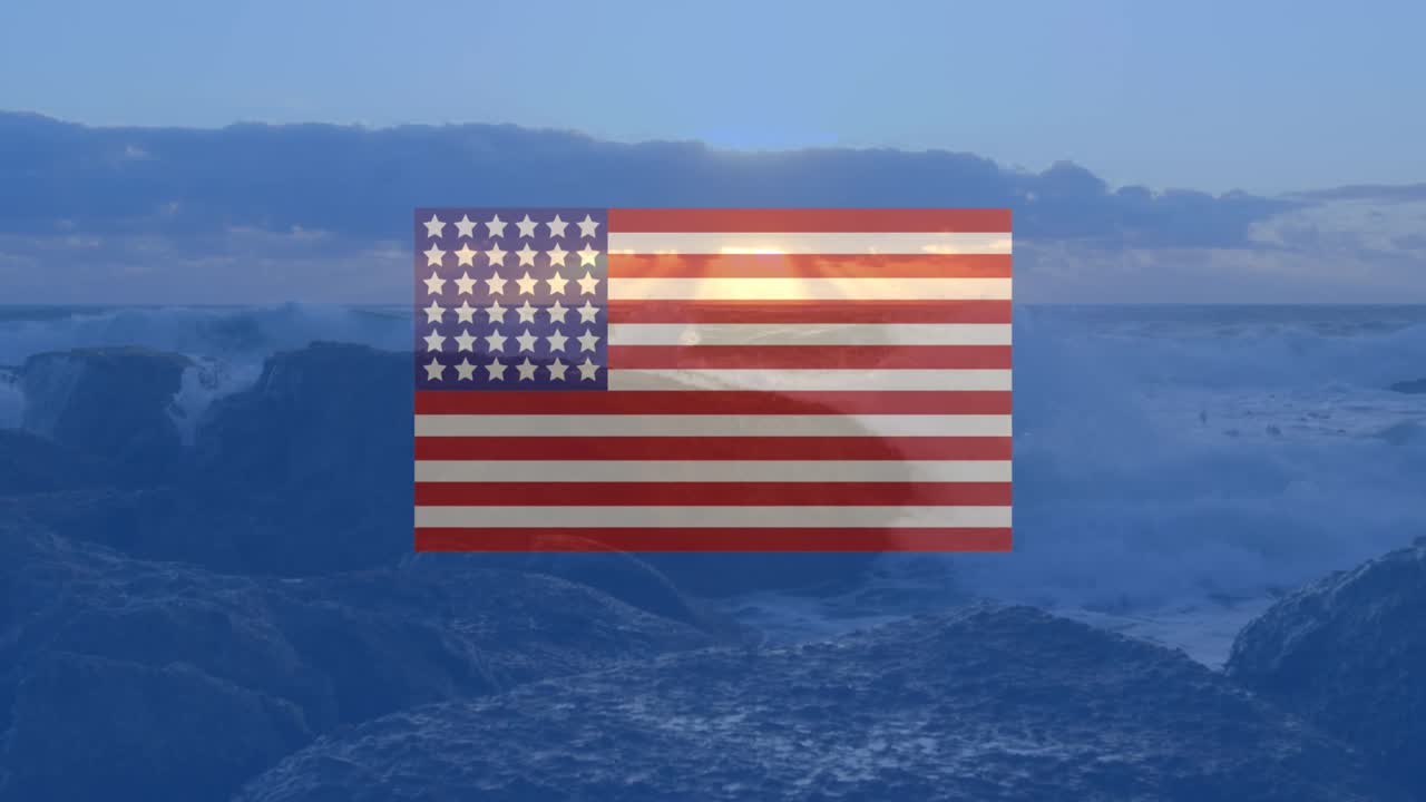 Animazione della bandiera americana e di cerchi rossi, bianchi e blu su una costa al tramonto.