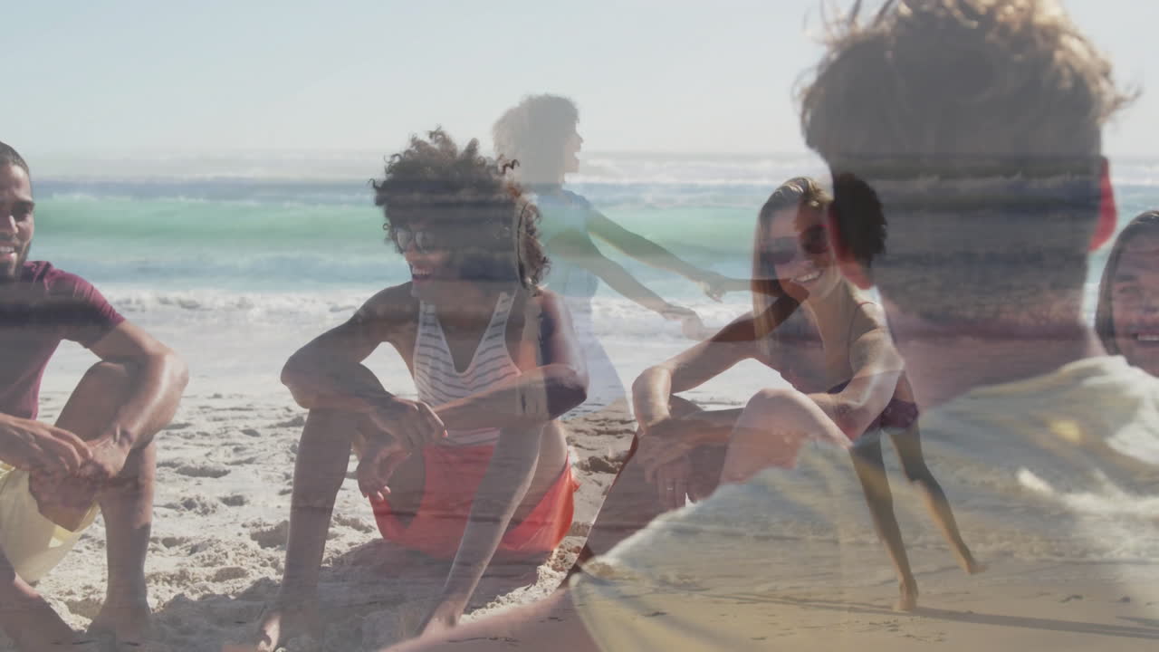 Group of friends relaxing on sandy beach, featuring running girl silhouette overlay for marketing
