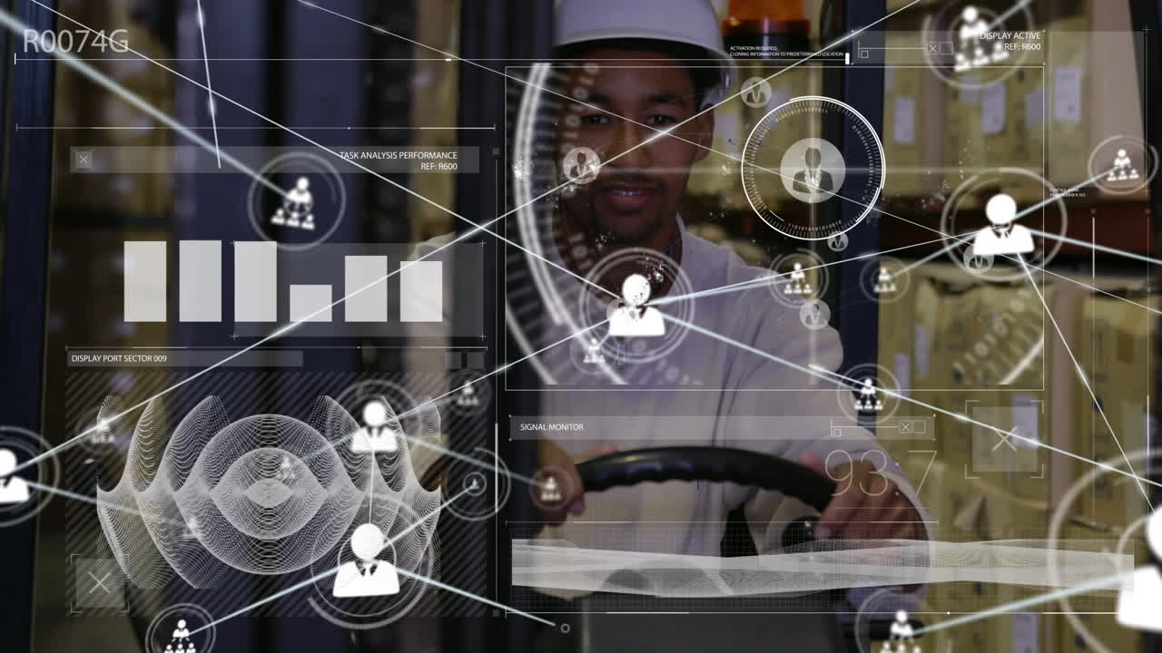 Animation of network of connections over african american male worker in warehouse