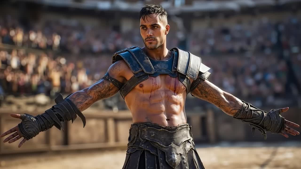A man in a gladiator costume standing in front of a crowd of people