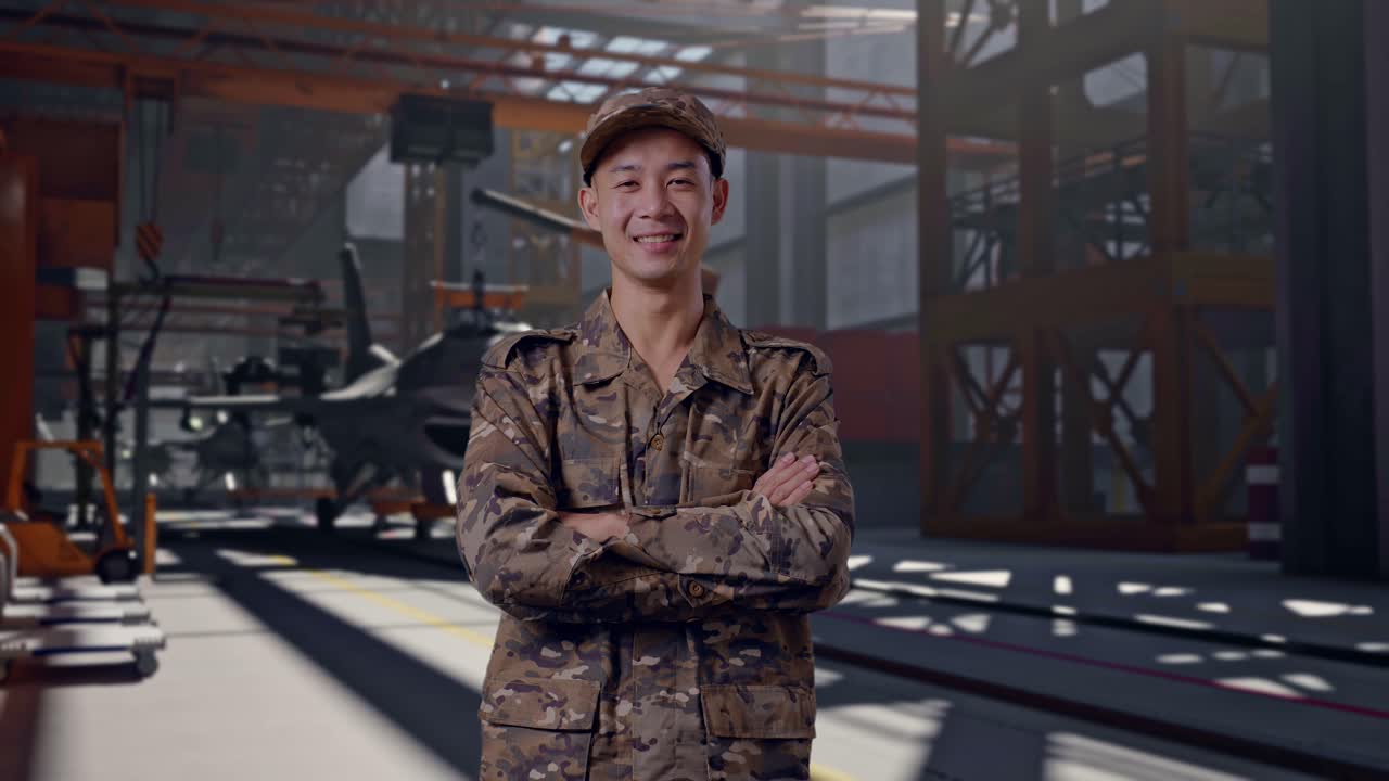 軍用ハンガーに立つ迷彩服を着た笑顔の兵士