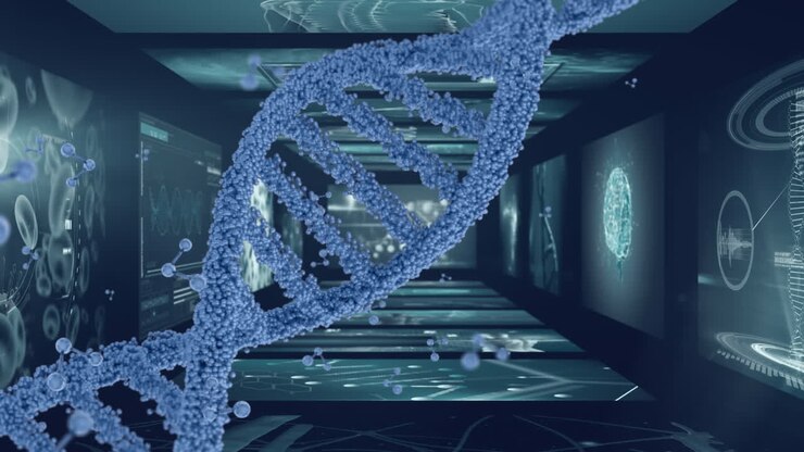 Animation of 3D DNA spinning over screens of medical scans