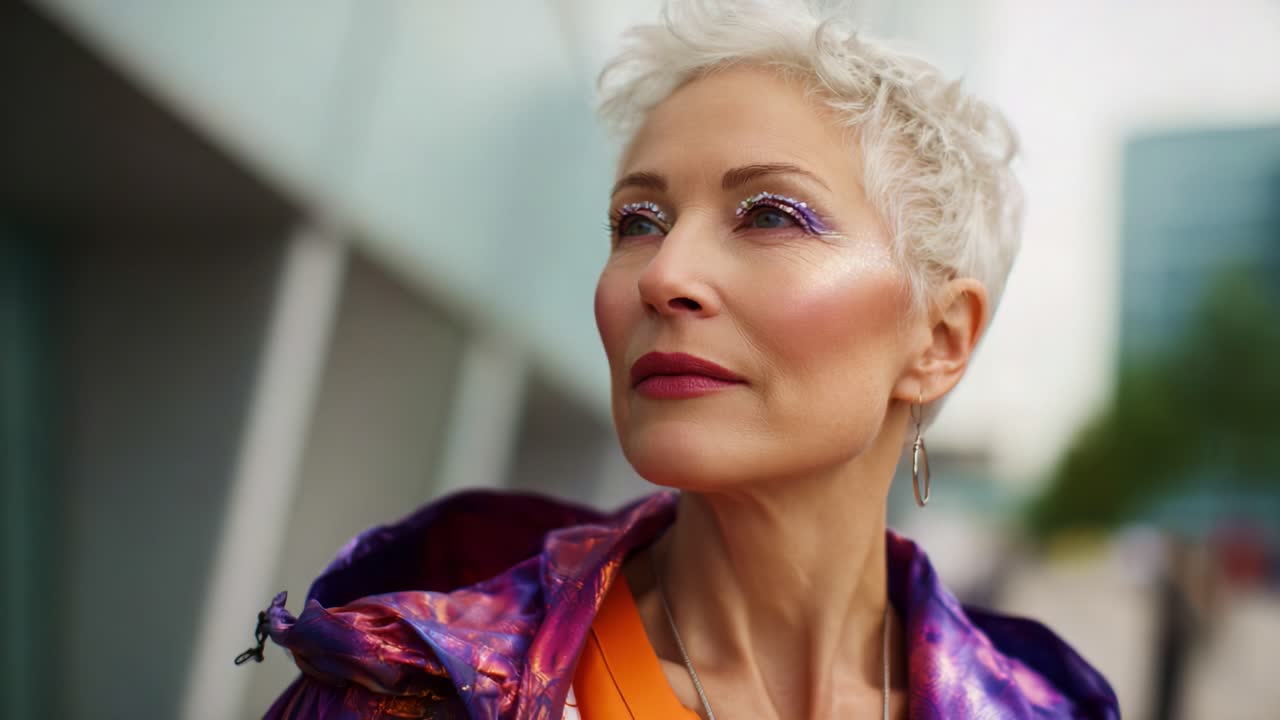 Profilo elegante di una persona alla moda con capelli corti e trucco vivace, ripreso in un contesto urbano con un'estetica moderna