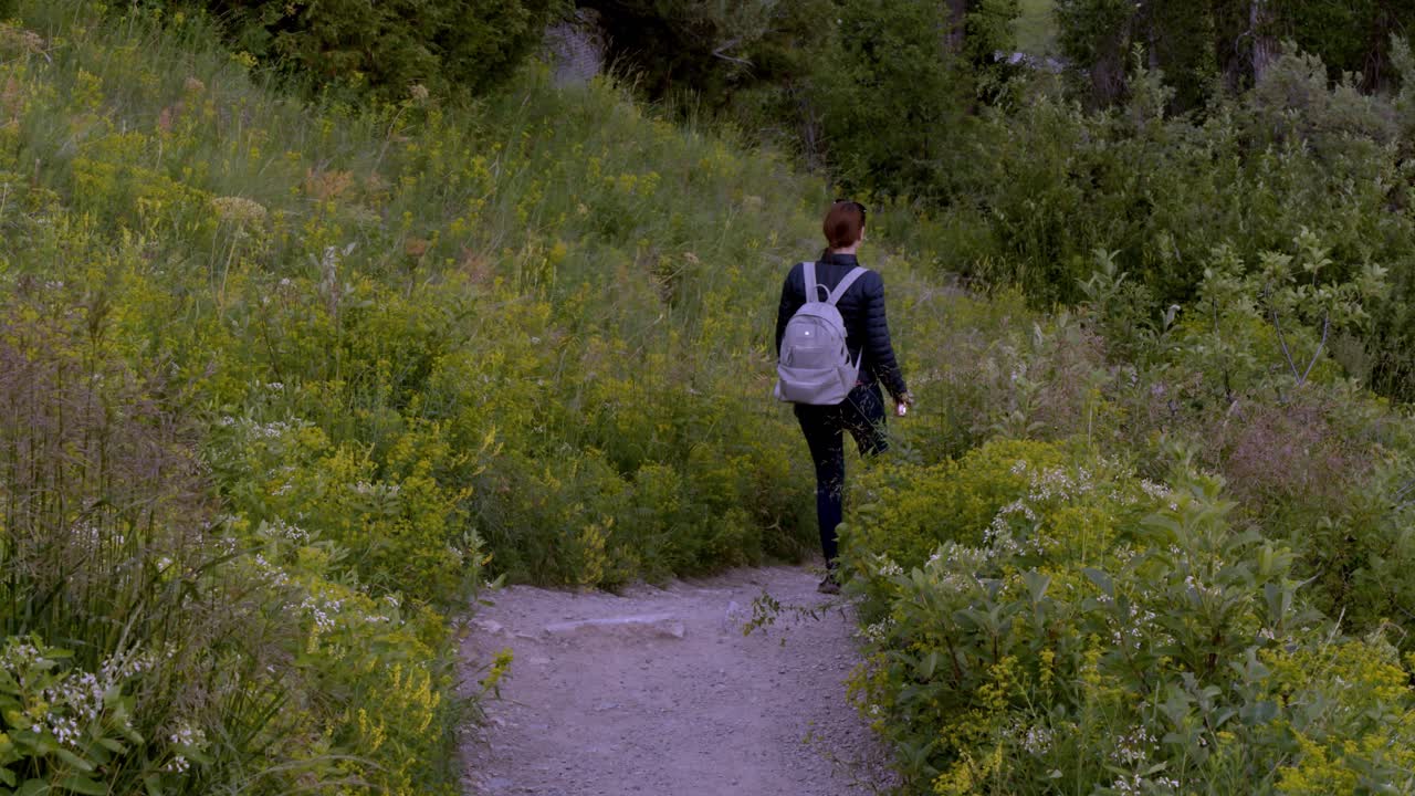 Kvinde i let jakke lufter sin hund på en sommerdag