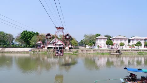 cable car crossing river with scenic background