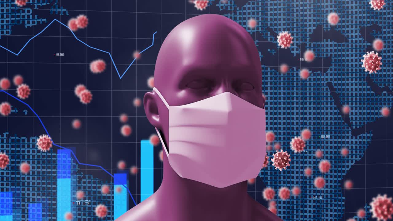 animación de una cabeza humana digital con una máscara facial con modelos de virus gigantes flotando