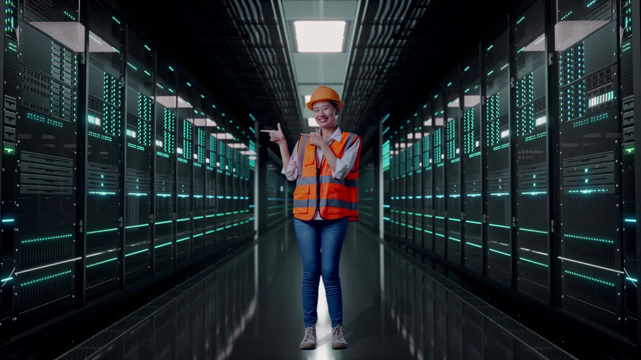 Full Body Of Asian Female Engineer With Safety Helmet Smiling And Pointing To Side While Standing in Server Room Data Center