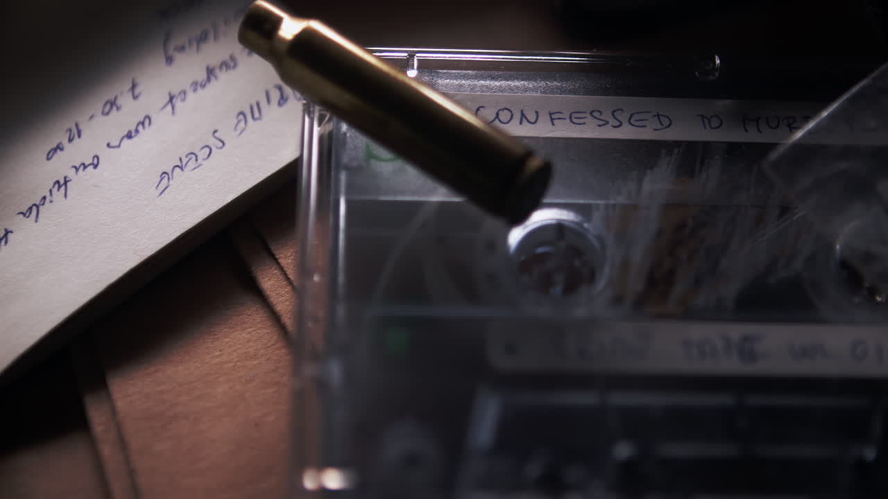 살인자의 진술이 녹음된 테이프에 배치된 라이플 카트리지