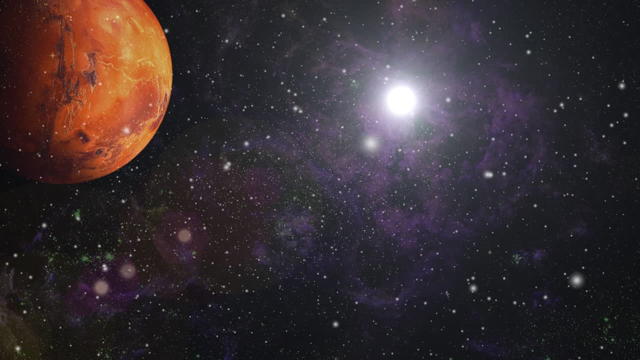 pianeta rosso nell'universo con uno sfondo nuvola nebulosa