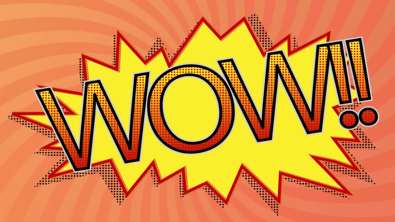 animación de la burbuja de habla de dibujos animados vintage con wow!! texto en fondo a rayas naranjas