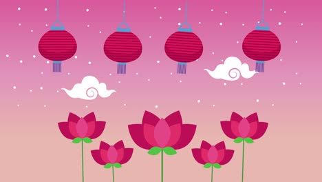 mid autumn festival animation with flowers and lamps hanging