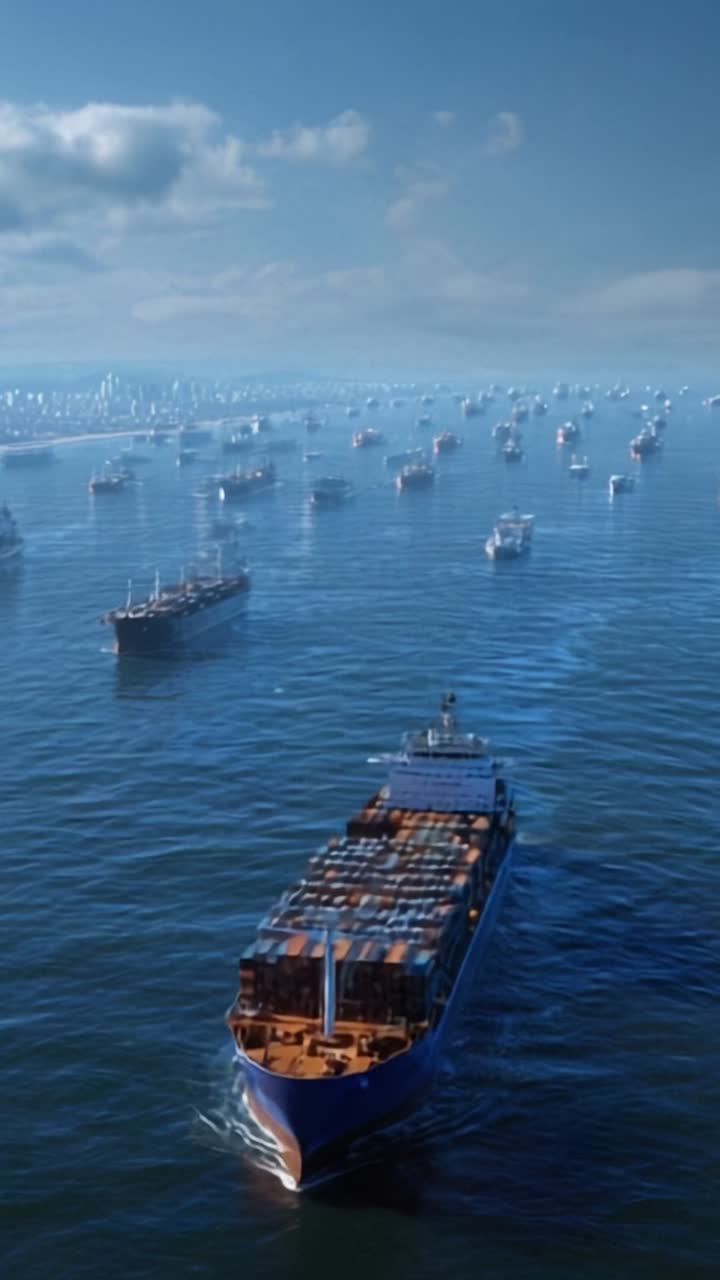 Una vista panorámica de un concurrido canal de navegación con múltiples buques portacontenedores navegando por aguas tranquilas bajo cielos azules brillantes y nubes esponjosas.
