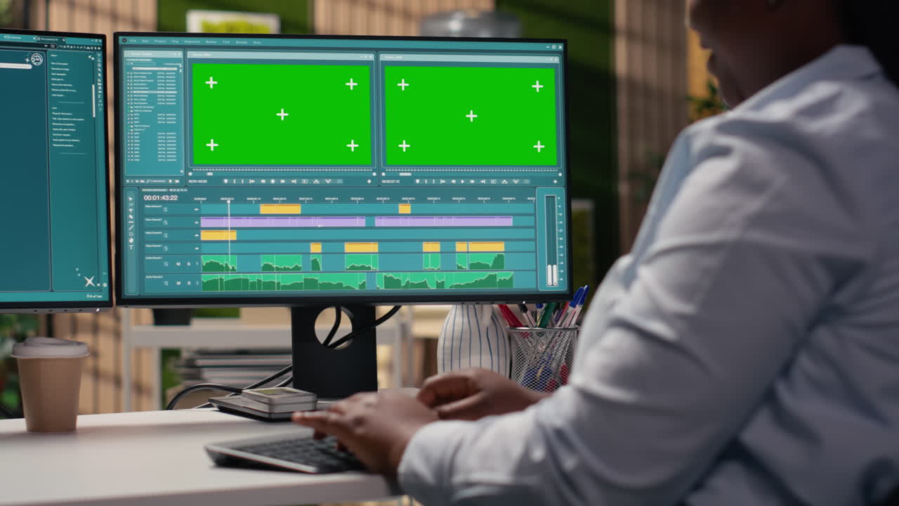 Donna che edita filmati video al computer con monitor a schermo verde