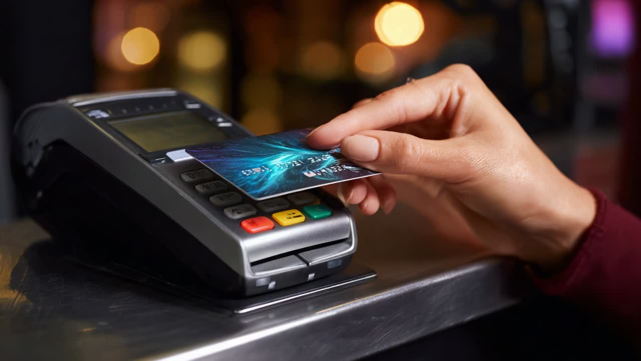 A Hand Using a Payment Card at a Card Reader: Capturing the Modern Transaction Experience with Contactless Technology and Digital Payment Solutions in a Dynamic Environment