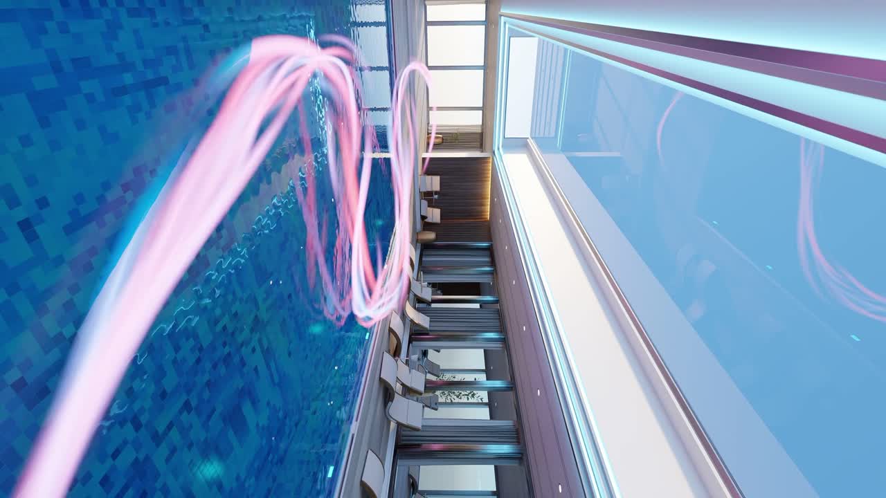 라운지 의자 와 분홍색 조명 경로 가 있는 실내 수영장