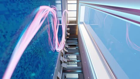 indoor swimming pool with lounge chairs and pink light trails