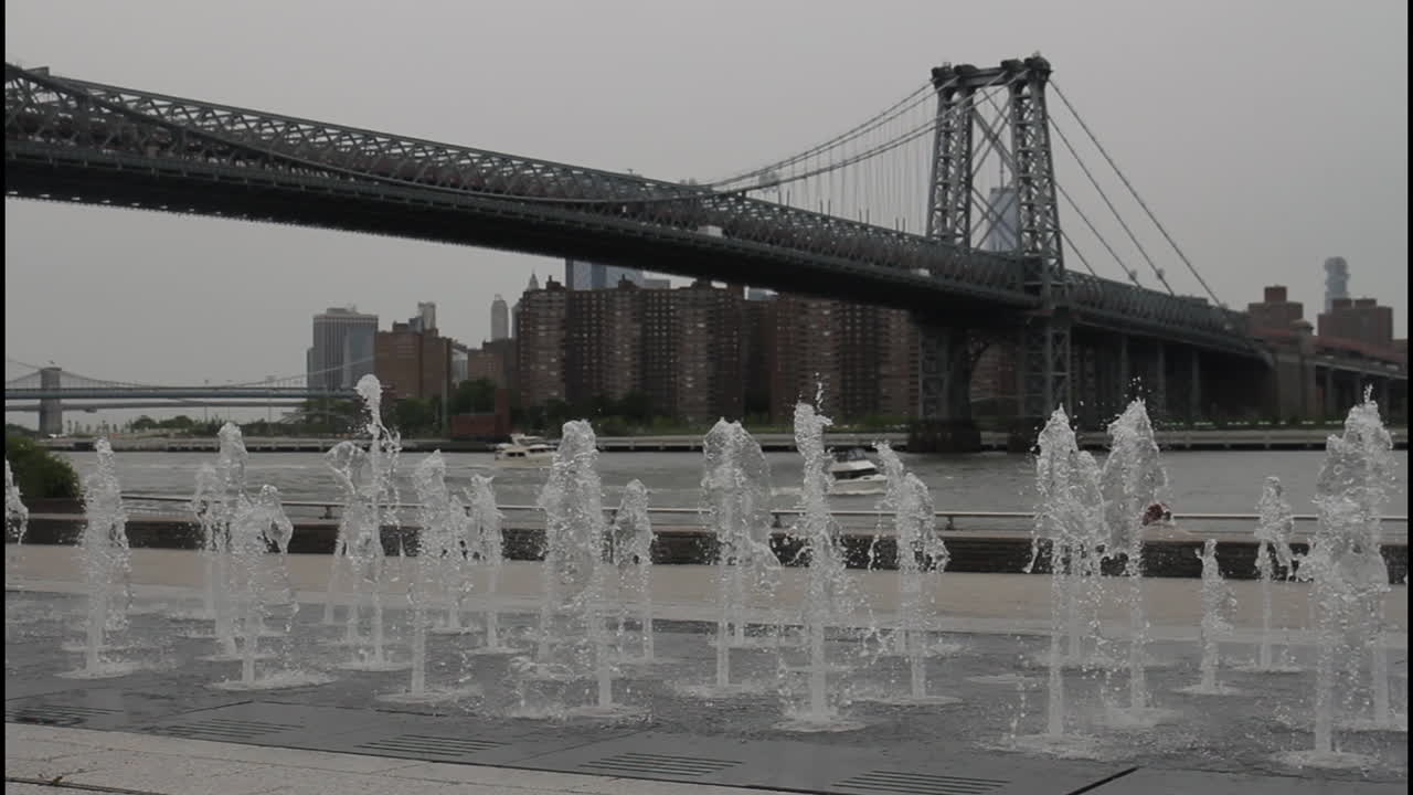 New York City Waterfront Fountains Under the Manhattan Bridge