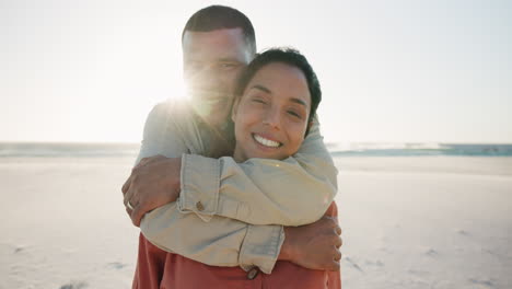 face, smile and couple hug at beach on vacation