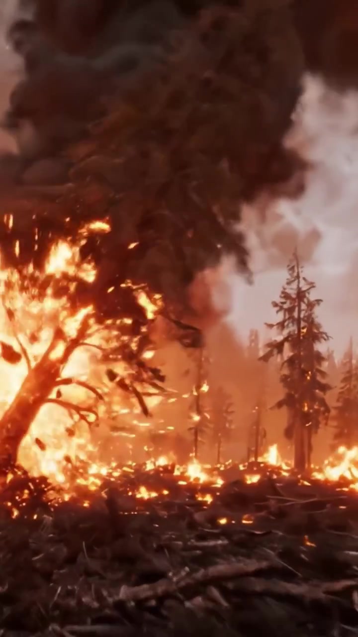 Intenso incendio boschivo inghiotte il paesaggio con eruzioni infuocate e fumo denso, creando una scena drammatica di distruzione e caos nell'ambiente selvaggio