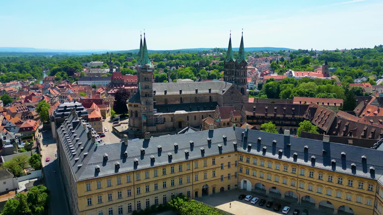 4K Aerial Drone Video of the Historic Neue Residenz Palace and Bamberg Cathedral in the Old Town area of Downtown Bamberg, Germany