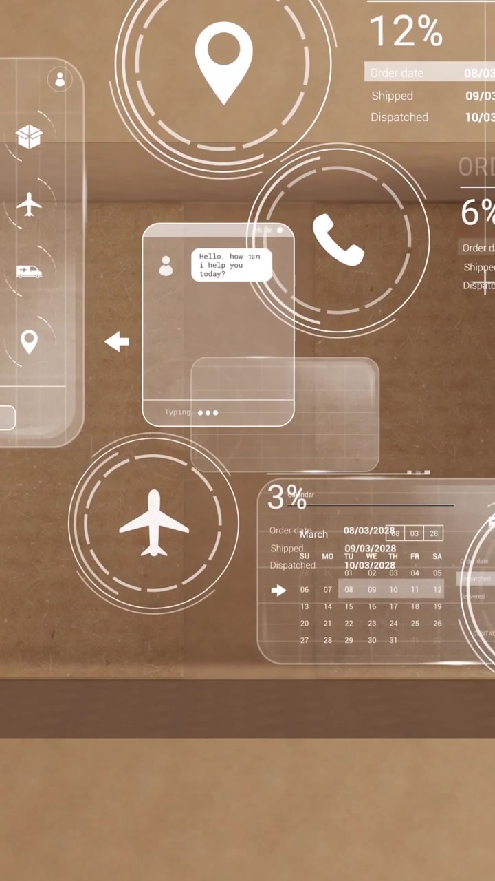 Animation of data processing on screens over cardboard box