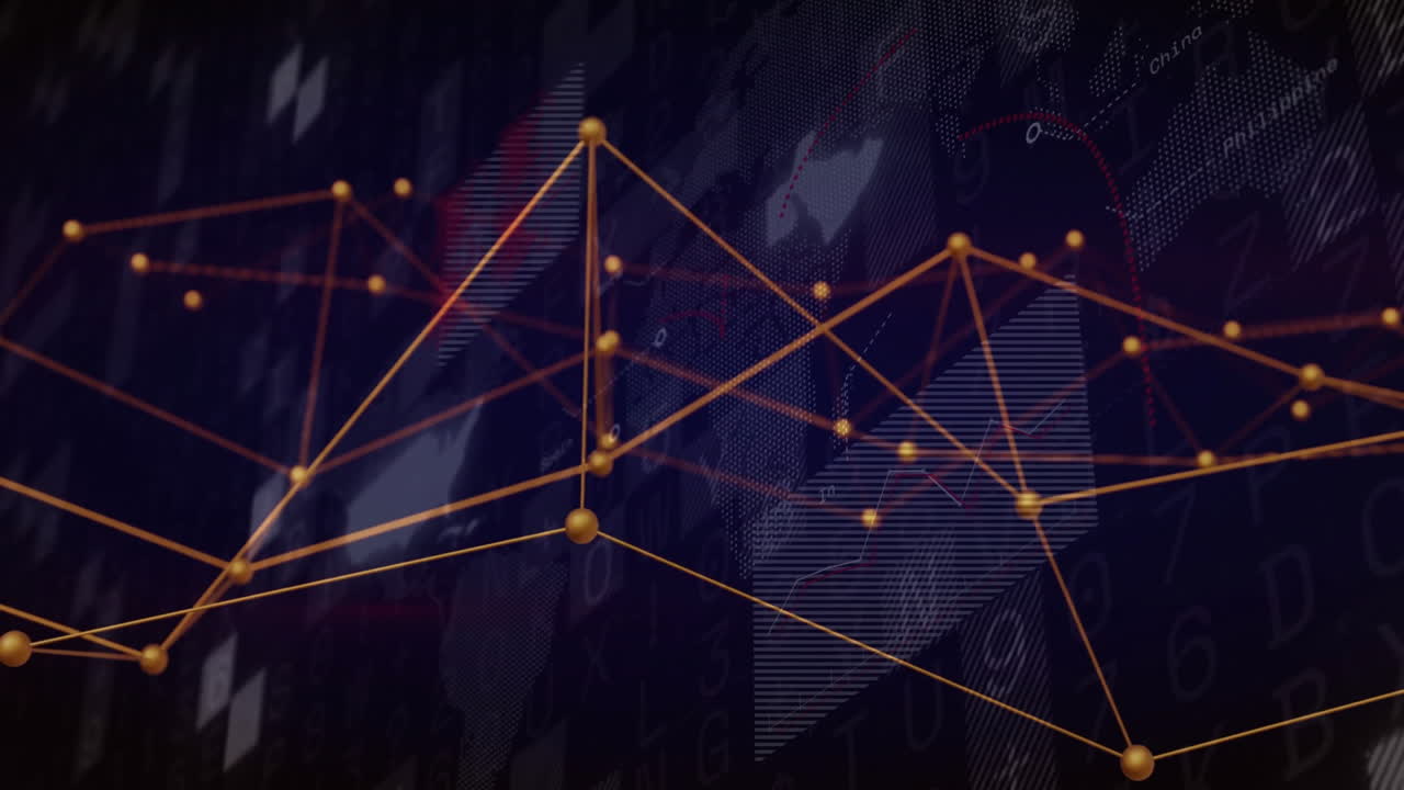 Data processing animation with network connections over digital abstract background