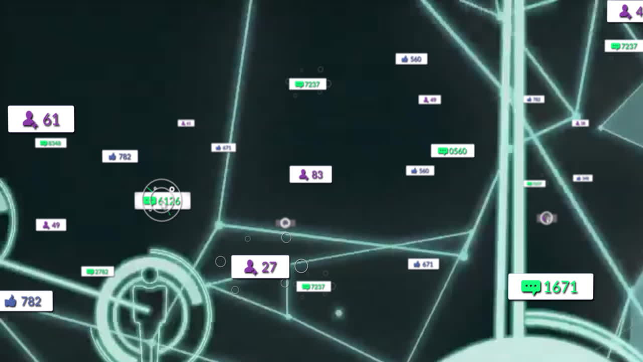 Animation of social media notifications and connections on digital interface screen