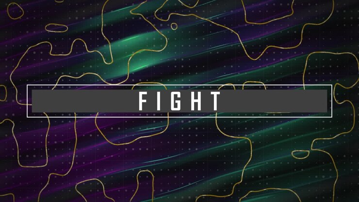 Animazione del testo "fight" in rettangoli su motivo astratto, su sfondo di onde.