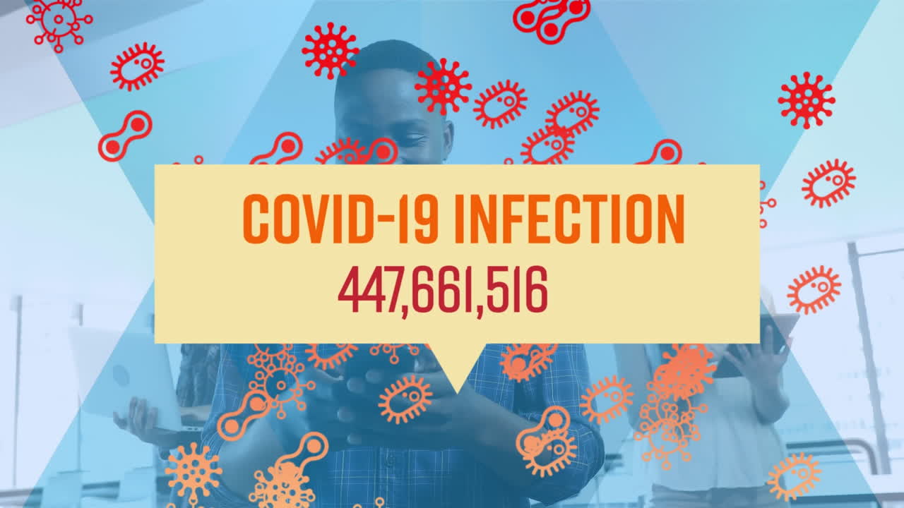 코로나 19 데이터와 세포의 애니메이션 전자 장치를 사용하는 비즈니스 사람들에 대한