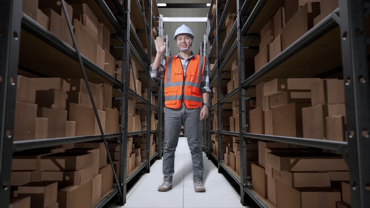 cuerpo lleno de ingeniero masculino asiático con casco de seguridad de pie en el almacén con estantes llenos de mercancías de entrega. sonriendo a la cámara y agitando la mano diciendo adiós en el almacenamiento