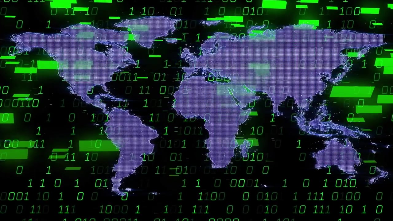 Stylized purple world map glitching as green binary surge triggers bars, simulating cyber scan