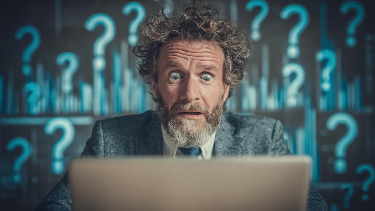 A Man in Confusion Stares at His Laptop Surrounded by Question Marks, Reflecting Uncertainty and Curiosity about Information and Knowledge in a Digital Age