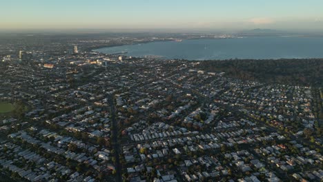 Panoramic-aerial-view-of-Geelong-city-and-bay,-southwest-of-Melbourne,-Australia