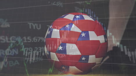 animation of graph processing data over legs of footballer kicking ball with flag of puerto rico