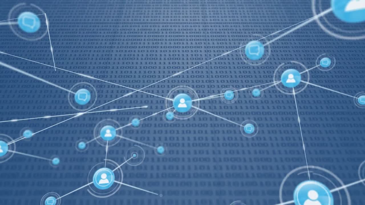 바이너리 코드와 함께 파란색 배경에 아이콘으로 연결 네트워크의 애니메이션