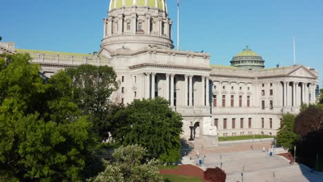 rising aerial reveal of pa state capitol building in harrisburg pennsylvania