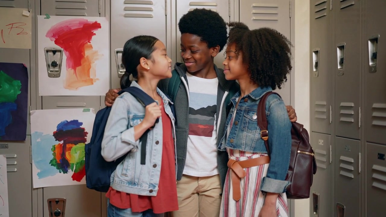Smiling students hugging after head turn at school lockers with jackets, backpacks showing support