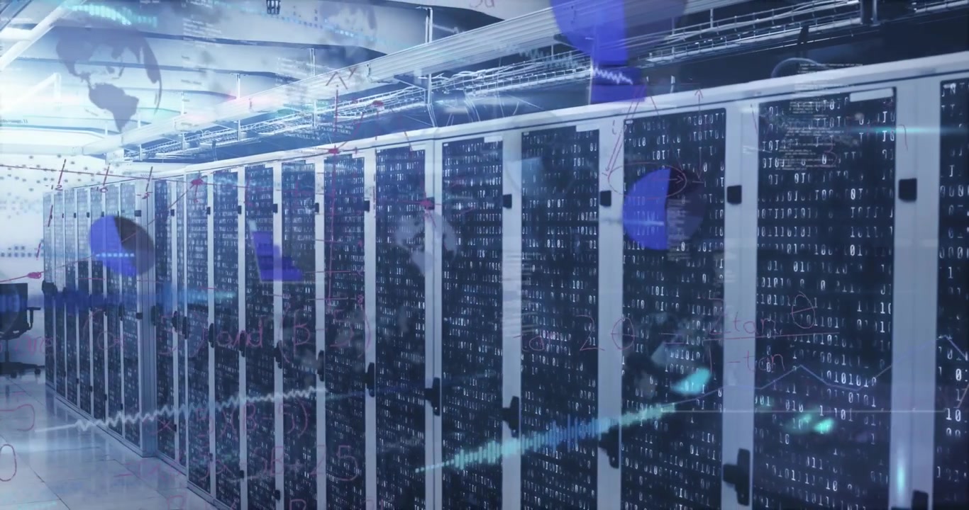 Animation of infographic interface and lens flare over server room in background