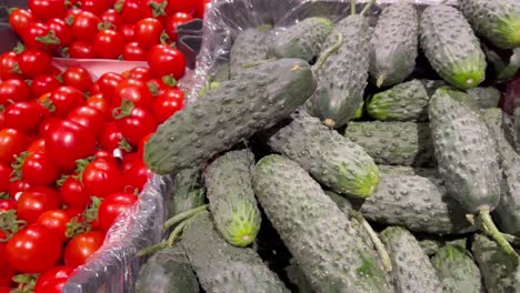 closeup of organically grown cucumbers tomatoes and red peppers closeup of organically grown cucumbers tomatoes and red peppers fresh vegetables on the market video