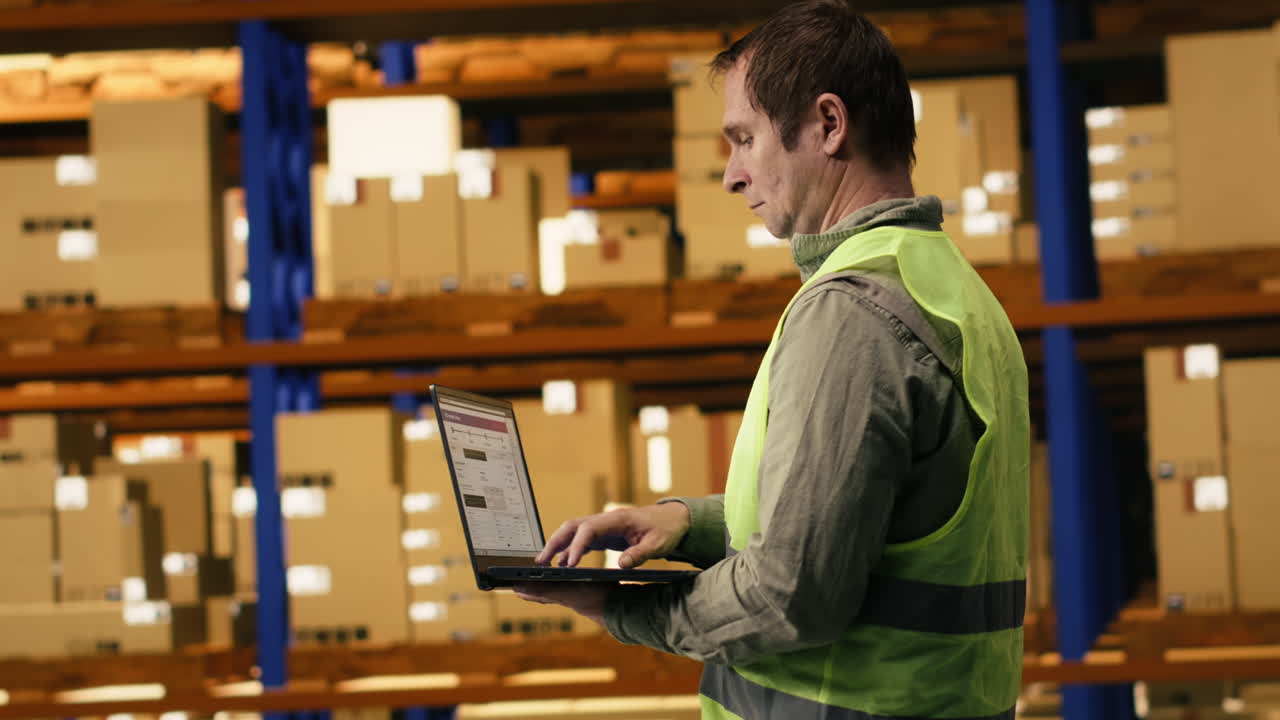 Lavoratore professionista che esamina i dati di inventario in un centro di distribuzione.