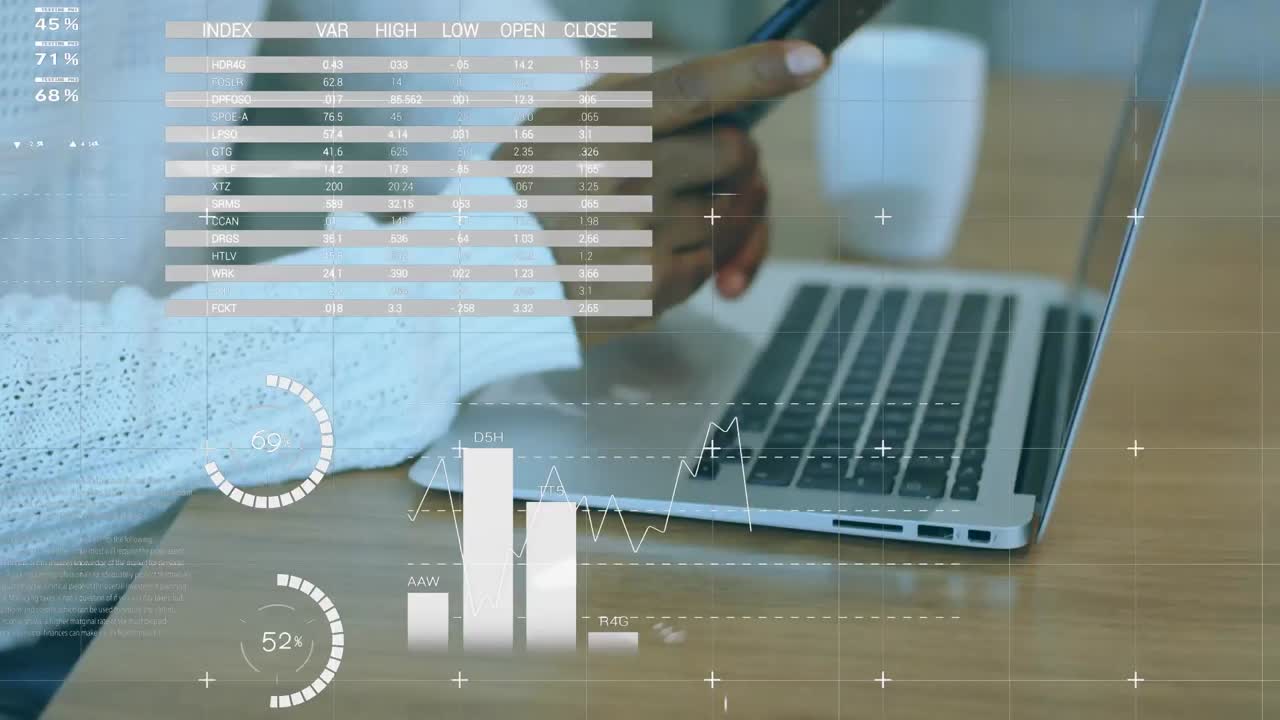 Animation of statistical data processing against mid section of man using smartphone