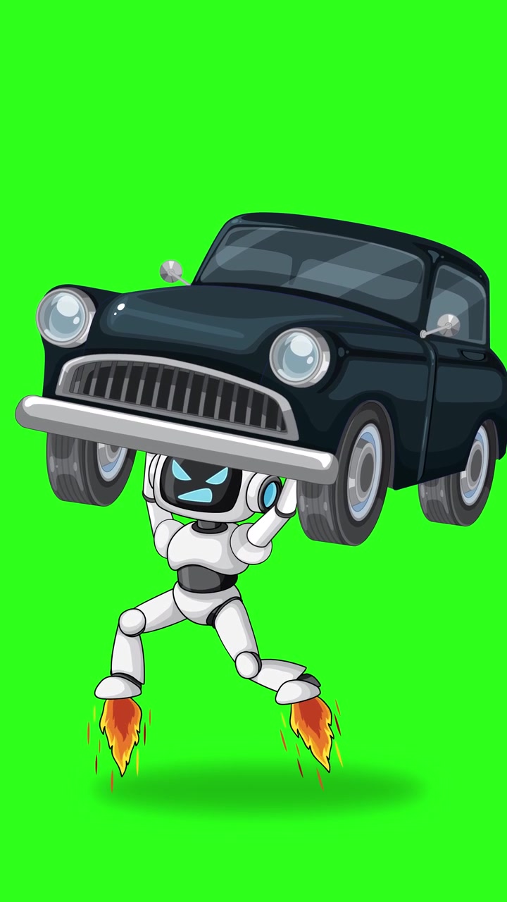 Robot dei cartoni animati solleva un'auto d'epoca con stivali a reazione, isolato su sfondo chroma key verde brillante