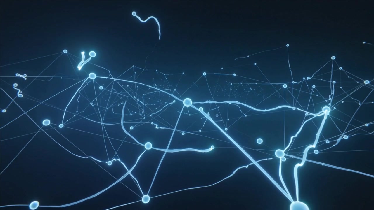 Pulsing central node initiating network lighting across navy backdrop, mapping flow with filaments