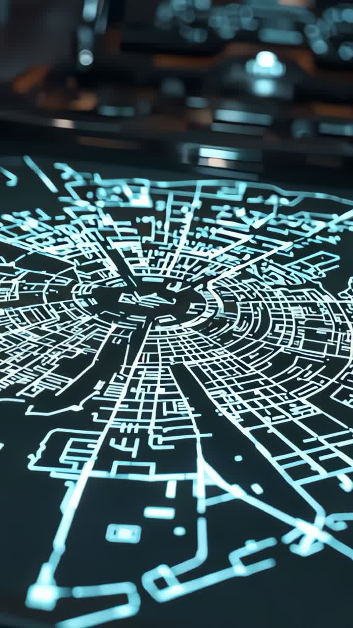 Vertical video: Powering console launching hologram map pulsing, scanning by radial beam on bridge