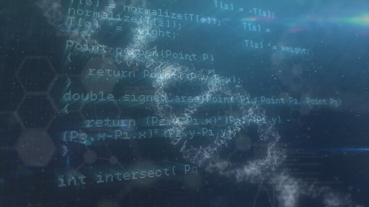 Animation of data processing over chemical formulas and dna chains in blue space