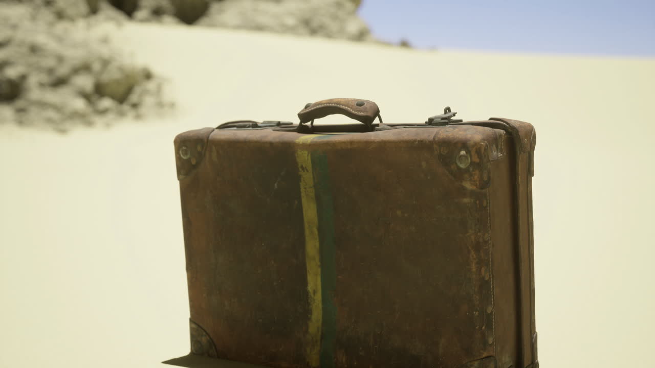 Old suitcase abandoned on sandy desert landscape during bright daylight