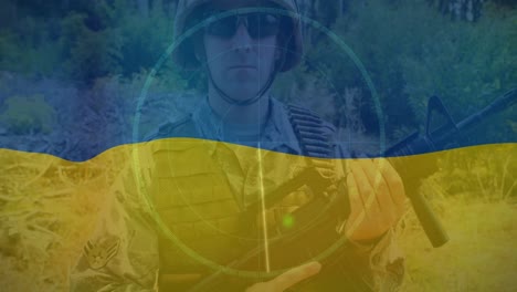 animation of radar and caucasian soldier over flag of ukraine