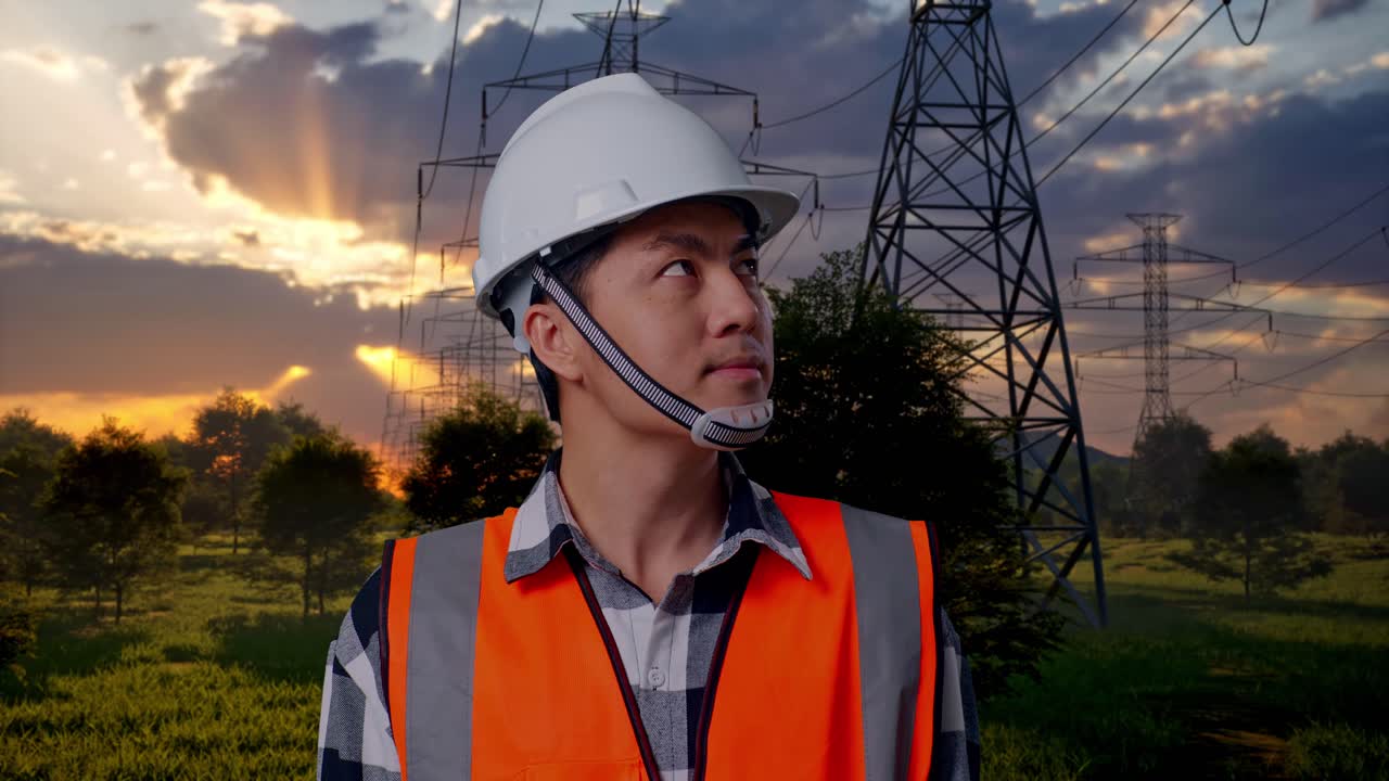Engenheiro de chapéu olhando para linhas de energia ao pôr do sol