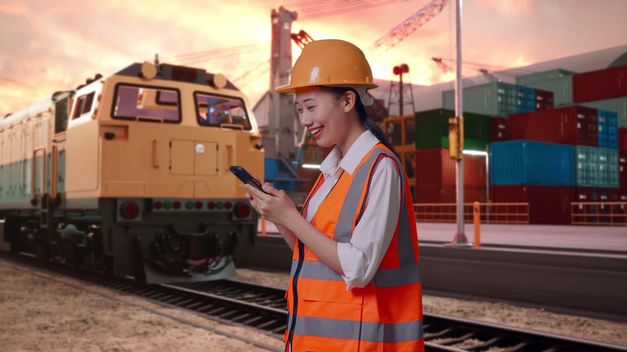 Side View Of Asian Female Engineer With Safety Helmet Using Smartphone With Freight Cargo Train At Port